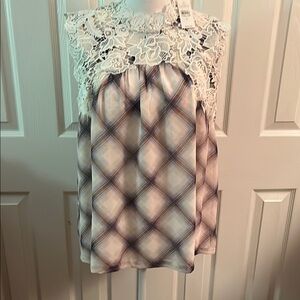 NWT Loft Plaid Sleeveless Top with Lace Detail size s